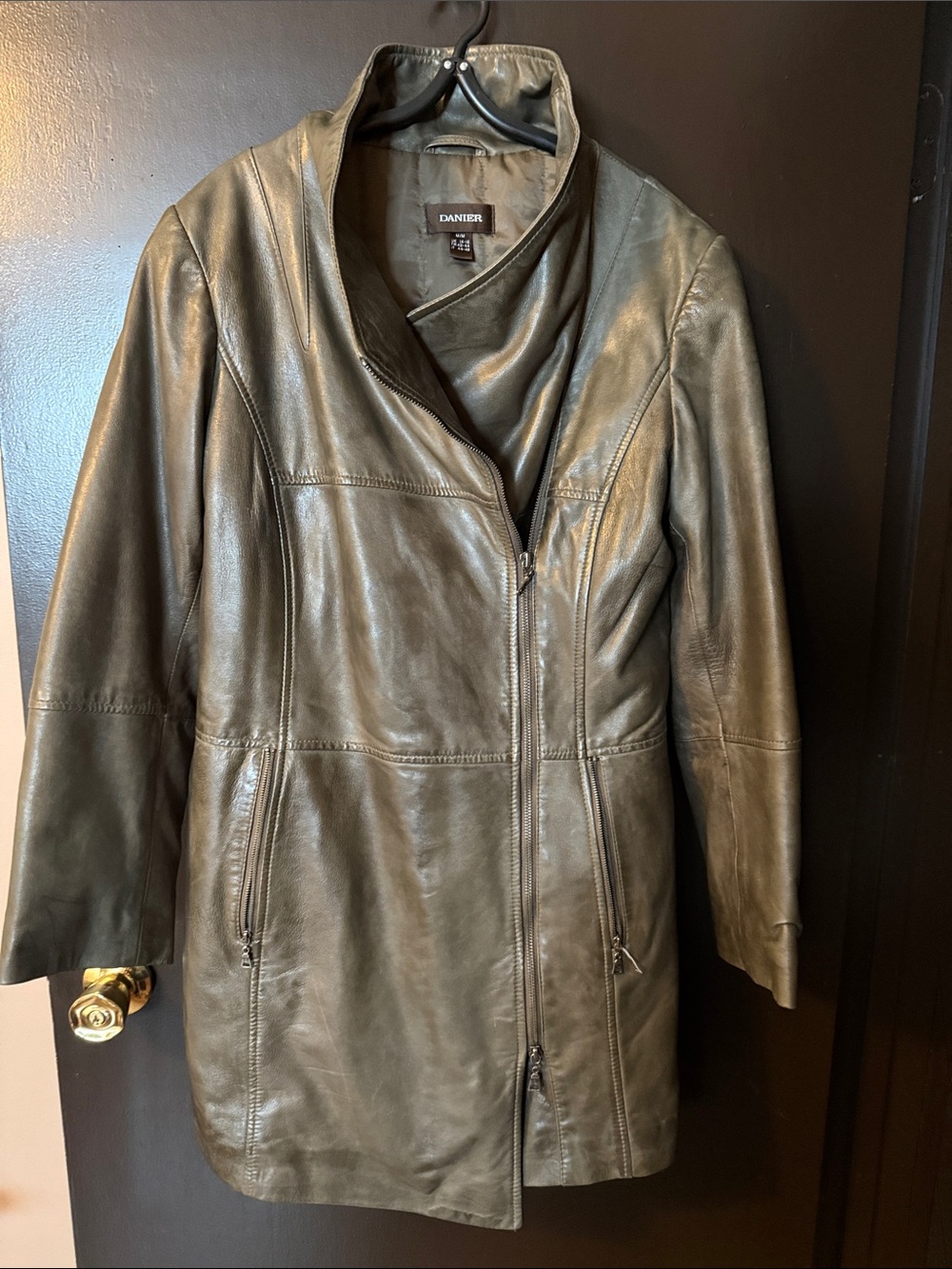 Danier Olive Leather Asymmetric Zip Jacket